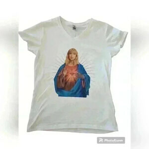 Taylor Swift Women's White V Neck Short Sleeve The Eras Sacred Heart Tee M